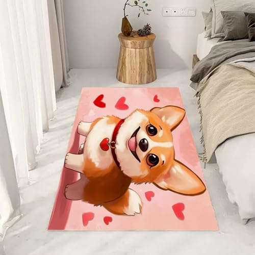 Liebe Tiere Corgi Teppich Wohnzimmer 80x150cm rutschfest Kurzflor Schlafzimmer Teppich Waschbar Geometrie Liebe Hund Bettvorleger Teppiche für Büro Bereich Dekor Teppisch