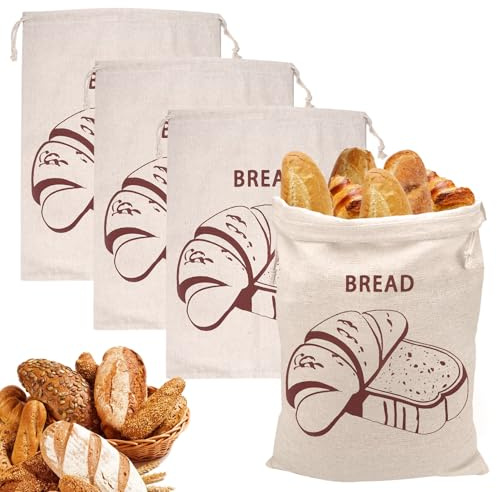 4 Pezzi Sacchetto Pane in Lino Riutilizzabile 30 × 40 cm, Sacchetto Portapane in Cotone e Lino, Sacchetti Riutilizzabili per il Pane, Sacchetti per il Pane inLino per Prodotti da Forno, Frutta