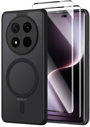 Oelrstfe para Honor Magic 7 Lite 5G Funda Compatible con MagSafe con 2 Piezas Protector Pantalla Cristal Templado, [Protección de Cámara] Magnética Translúcida Trasera Antigolpes, Negro