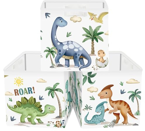 HUUMONSS 30 cm dinosaurie förvaringskub organiseringsset 3 st klädförvaringskorgar för hem Tyrannosaurus Rex barnbok leksakskista, Boho Dino