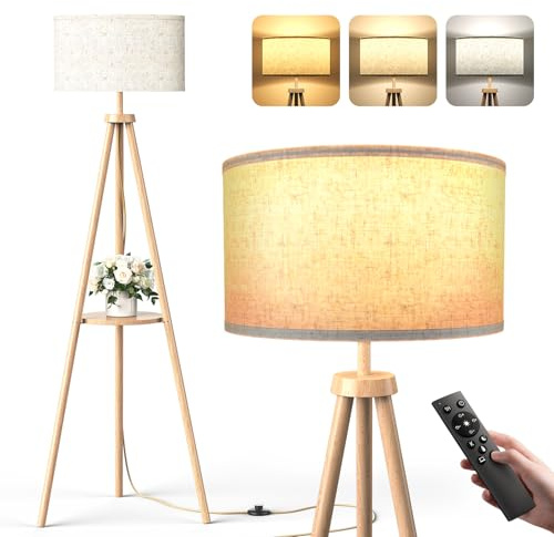 Tripod Floor Lamp with Storage Shelves - 12W Solid Wooden Standing Lamp with E27 Bulb & Remote Control, Corner Lights for Living Room, Bedroom, Light Brown - Round Shelf
