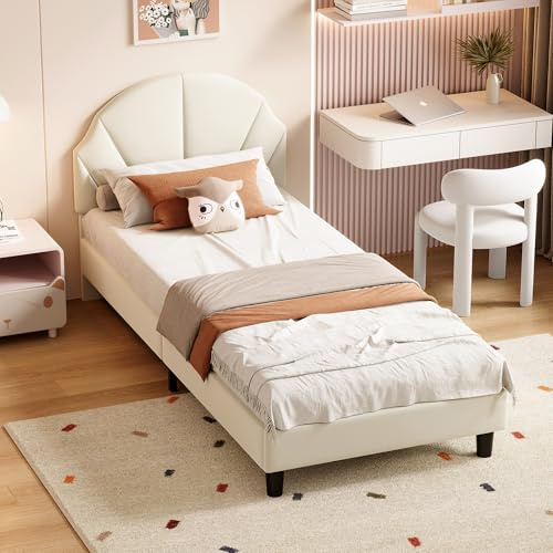 Barnsäng, klädsäng, 90 x 190 cm, barnsäng, flicka, enkelsäng med LED, sängram med ribbotten, ungdomssängar med justerbar LED-sänggavel och ribbotten, utan madrass (beige-A, 90 x 190 cm)