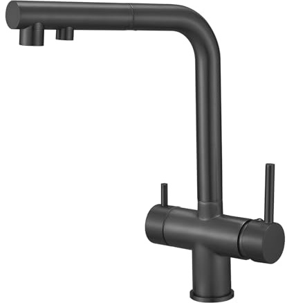 ZQFHSX Grifo de Cocina de 3 vías con Manguera extraíble, Grifo Giratorio con Filtro de Agua Potable, Mezclador de Fregadero Negro