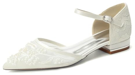 Yhsdfcn Platta Bröllopsskor med Spetsbaksida, Spetsiga Ballerinas i Mesh med Ankelrem, Eleganta Festskor med Blomsterbroderi och Låg Klack,Ivory,40 EU