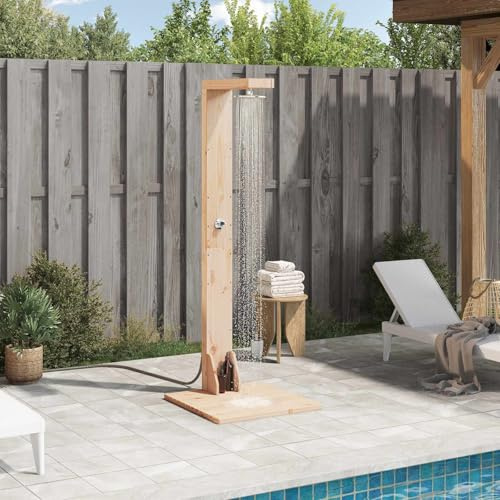 Mangloder - Ducha para exteriores (210 cm, madera maciza de pino y acero inoxidable, resistente a la intemperie, altura regulable, cabezal de ducha giratorio, accesorios para piscina, spa y jacuzzi)