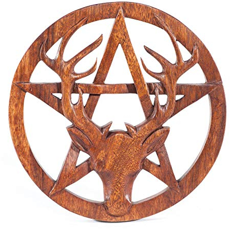 Windalf Keltische Wanddekoration CERNUNNOS Ø 25 cm Hirsch Pentagramm Wandfigur Celtic Wandkunst Schutzsymbol als Wandrelief Handarbeit aus Holz