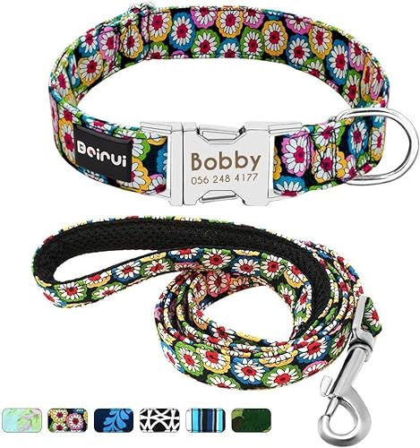 Beirui Personalisiertes Hundehalsband und Leine, Set mit Schnellverschluss-Schnalle, 1,2 m lang, mit Leine und Halsband mit Blumenmuster, verstellbares Halsband für kleine und mittelgroße Hunde