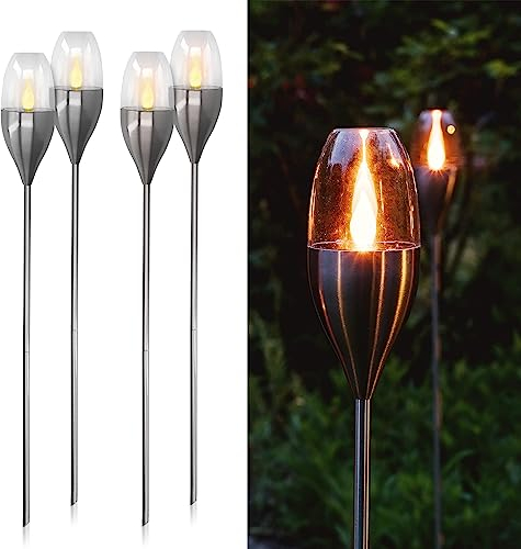 Navaris 4x LED Solar Edelstahl Gartenfackel - 8,5 x 112cm - Garten Fackel Solarleuchten Set - Außen Kerzenschein-Effekt Solarfackel Metallic Silber