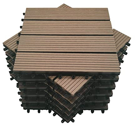Mocosy Piastrelle Decking ad incastro WPC 11pcs 1m² Giardino, Terrazza, Balcone, Piastrelle per pavimenti in composito di plastica in legno di prato (caffè)