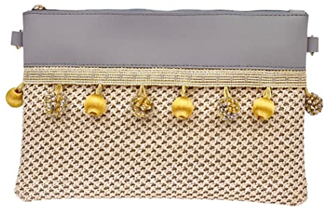 Gewebte Strohtasche Valetta Klein, Grau Beige // 2 in 1 Umhängetasche & Stroh-Clutch mit Bommel // Gewebte Strandtasche, Basttasche, Flechttasche, Crossbody Tasche für Sommer, Strand - Boho Chic