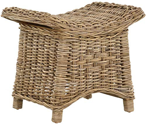 Korb-Outlet Fußhocker mit geschwungener Ablage, Stabiler Sitzhocker/Schemel/Hocker aus echtem Rattan (Grau Natur)