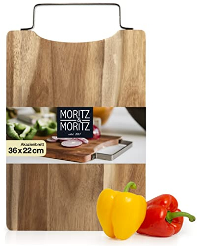 Moritz & Moritz Schneidebrett Holz Akazie 36 x 22 cm mit Metallgriff | Ölimprägniert, messerschonend, auch als Servierplatte