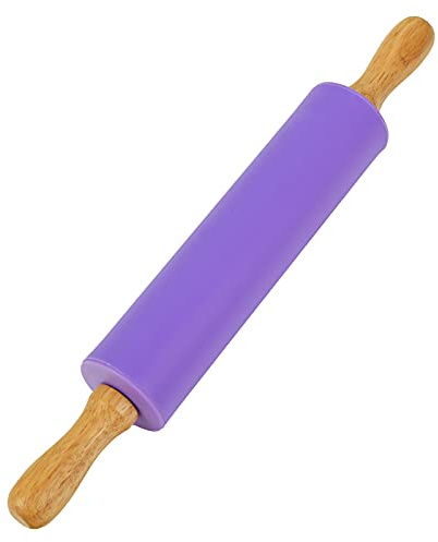 Koogel Rolling Pin for Baking, 12 Inch Non-Stick Silicone Surface, Wooden Handle Rolling Pin for Baking Pies, Pastry, Cookies, Kitchen Essential