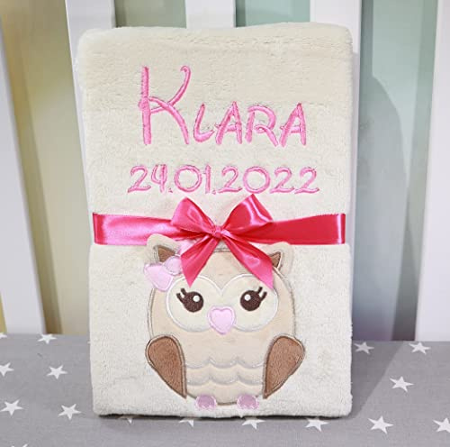 Generisch ★ Babydecke mit Namen und Datum Bestickt ★ Baby Geschenke ★ Geburt ★ (Beige - Eule)