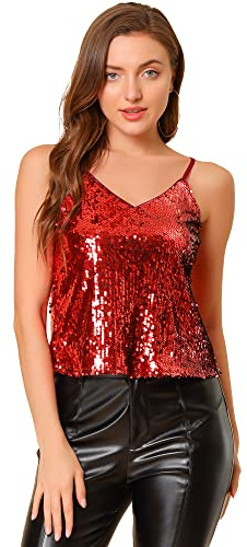 Allegra K Damen Pailletten Oberteil Glitzer Top Spaghetti Party Club Camisole Metallic Festival Shirt Top