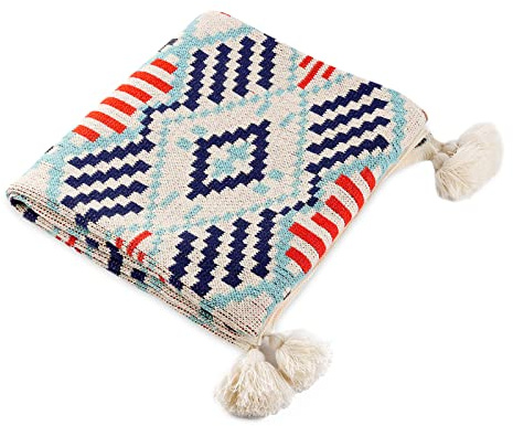 LumiSyne Manta De Punto con Borlas Vintage Estilo Etnico Bohemio Patrón Geométricos Cálido Suave Cubresofa para Sofá Cama Cubrecama Manta Chal 130x110cm