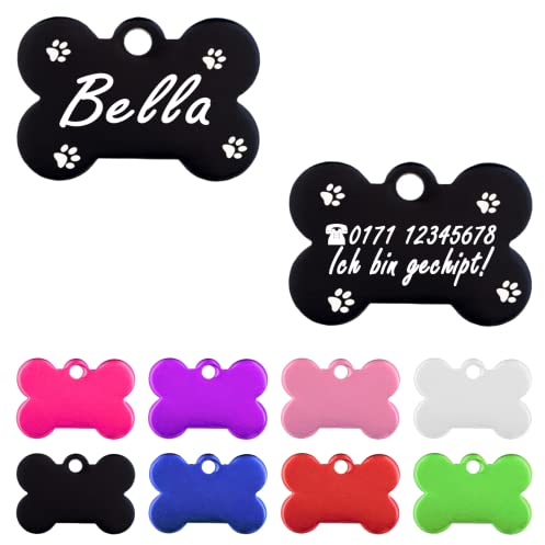 Iberiagifts - Hundemarke Knochen mit Gravur und Pfoten für sehr kleine Welpen - Hunde - Katzen Haustier Plakette Anhänger Halsband Medaillon graviert personalisiert (Schwarz)