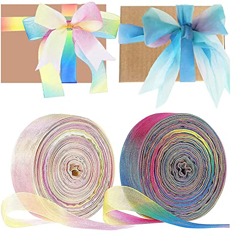 2 Stück Organza Bänder, Regenboge Deko Schleifenband, Schimmer Sheer Seidenband, Transparentes Schleifenband, zum Basteln, Hochzeit, Geburtstag, Weihnachten, Geschenkverpackung