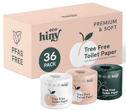 ecoHiny Premium & Soft Bamboo Toilet Paper | 36 Mega Rolls, 3 ply & 350 Sheets | FSC Certified, PFAS Free, BPA Free, Septic Safe | Tree Free Toilet Tissues | Plastic Free Packaging