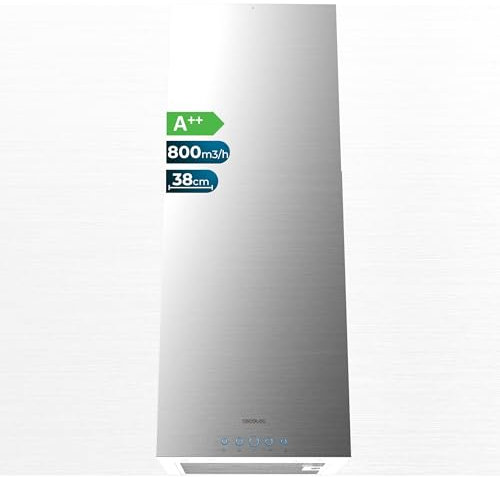 Cecotec Hotte Aspirante 38cm îlot Carré Bolero Flux ICT 388000 Inox A++. Finition Inox, Aspiration 800m3/h, Moteur 210W, Classe A++, 3 Niveaux, Filtre Charbon Ø176, Éclairage LED