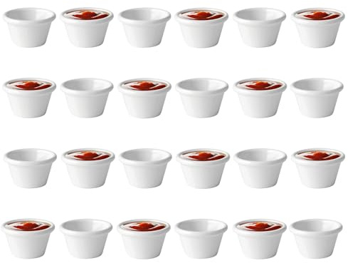 Chabrias Pack of 24 Plain Traditional Ramekins Condiment Pots, Sauce Ramekins, Dip Bowls, Tough Plastic Sauce Pots, Made in England (White 2oz)