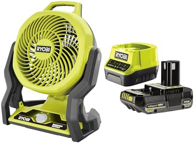 RYOBI 18 V ONE+ Akku-Ventilator RF18-1C20GZL (Kompakter und tragbarer Ventilator für den Innen- und Außeneinsatz, 3 Geschwindigkeitseinstellungen, inkl. 2,0Ah Akku & Ladegerät im Karton)