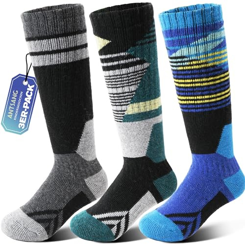 ANTSANG 3 Pairs Kids Merino Wool Ski Socks Boys Girls Thermal Warm Thick Winter Cushioning Socks for Snowboarding Skiing(Blue/Green/Black,8-12 Years)