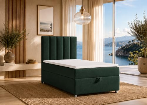 Best For Home Trinity K10 Boxspringbett 100x200 | Stauraum mit Topper | Einzelbett mit Bonell Federkernmatratze H3, Hoher Schlafkomfort, Gepolstertes Kopfteil, Modernes Bett Design und Bettkasten
