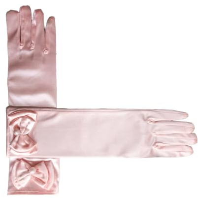Wambere Damen Lange Handschuhe Prinzessin Mädchen Satin Handschuhe mit Schleife Kommunionhandschuhe Mädchen Brauthandschuhe für Kinder Hochzeitskleid Fasching Halloween partyzubehör Kostüm,Rosa