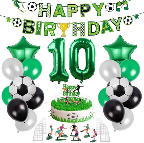 ATOWORLD Football Birthday Decorations Age 10 Boys Decoration Balloons for Kids 10th Party Cake Toppers Cupcake Banner Party, Green