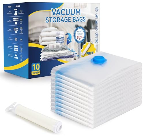 10 Jumbo Vacuum Seal Bags with Hand Pump, Vacuum Storage Bags, Space Saver Bags for Comforters, Blankets, Bedding, Pillows, Clothes