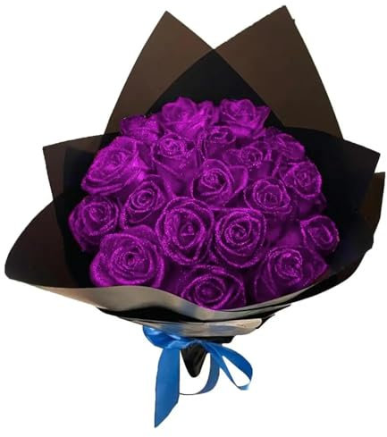 ZXH Personalisierte Glitzer Rose Bouquet, Künstliche Blumen Bouquet, Rot/Blau/Rosa/Schwarz/Grau/Grün/Lila Rose Bouquet, Ramo De Rosas Eternas mit Stiel/Papier/Band, Valentinstag Geschenk (10)