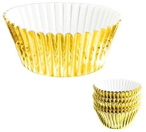 Thyonta 100 moldes para magdalenas, papel de aluminio grueso colorido, a prueba de aceite, desechables, aptos para almacenar mini alimentos (dorado)