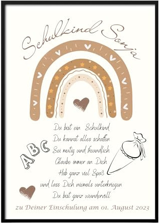 Poster zur Einschulung personalisiert | Geschenk Wünsche Mutmacher zum Schulanfang | Geschenkidee erster Schultag Regenbogen und Herz (ohne Rahmen)