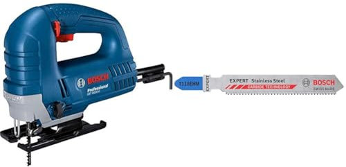 Bosch Professional GST 8000 E - Sierra de calar (710 W, máx. 3100 cpm, corte 80 mm, en caja) + 3x Hojas de sierra de calar Expert ‘Stainless Steel’ T 118 EHM (para Láminas de acero inoxidable, 83 mm)