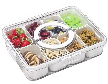 Eidoct Divided Serving Tray with Lid & Handle, Snack Box with 8 Compartments Portable Snack Tray, Removable Compartment Box for Veggies Candy Fruits Nuts, for Picnic Party Travel