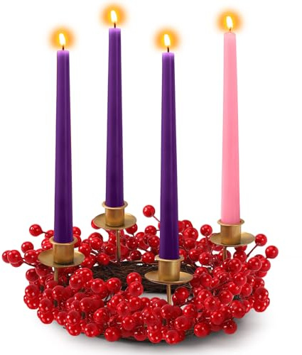 Pickmesh Christmas Norfolk Advent Wreath Decoration Advent Wreath Ring Candle Holder for Xmas Holiday Church Home Centerpiece, No Candles(Berry,Red)
