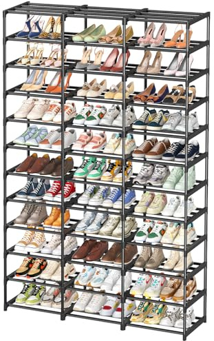Ekisemio Shoe Rack Large Capacity 72 Pairs Tall Shoe Shelf, 3 Row 12 Tiers Sturdy Metal Shoe Organizer for Entryway, Closet, Bedroom, Black