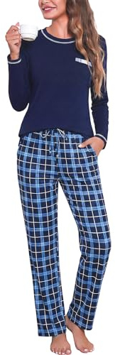 Irdcomps Schlafanzug Damen Lang Pyjama Baumwolle Winter Set | Zweiteilige Nachtwäsche Baumwolle Winter Kariert mit Brusttasche Hausanzug Langarmshirts