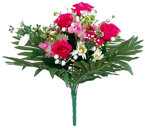 Floratexx Künstlicher Rosen-Strauß 37cm. Blumenstrauß Weiß Rosa Pink. Rosen Margeriten, Strauß für Hochzeit, Dekoblumen Kunstblumen