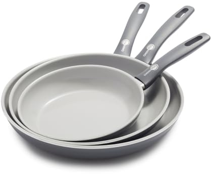 Greenpan Dover Healthy Ceramic Nonstick, 8 10” and 12” Frying Pan Skillet Set, PFAS-Free, Dishwasher Safe, Comfort Grip Handle, Gray