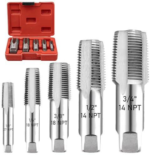 5 Piece NPT Pipe Tap Set, Professional NPT Thread Forming Tap with Storage Box Precision Carbon Steel 3/4 1/2 3/8 1/4 1/8 NPT Tap Drill Bit for Clean Accurate Thread Plumber Mechanic Cutting tool