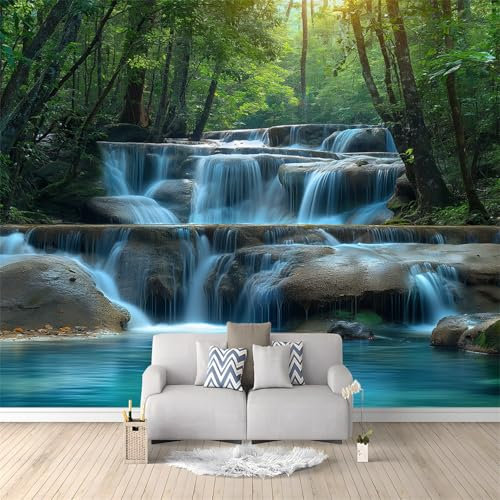 Papier Peint Panoramique Maison Cascade Naturelle Jungle Déco, Papier Peint Intissé 3D Poster Vert Bleu Decoration Murale Chambre Salon pour Appartement Décoration 350 x 256 cm