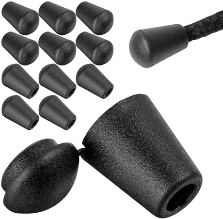 Your Day Mate Tapones para cordones, 12 piezas, para cordones de hasta Ø 6 mm, en negro, de plástico, tapones para extremos de cordones de mochilas, jerseys, chaquetas, ropa de exterior