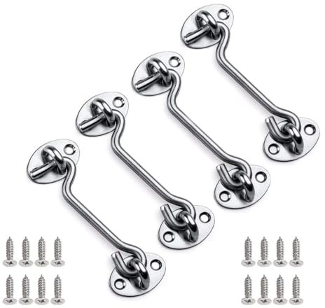 Mgoodoo Gancio tempesta con occhiello, gancio per cabina in acciaio inox, gancio per porta in argento, gancio per finestra in legno, persiane, in legno, per cancello da giardino, con 16 viti, 100 mm