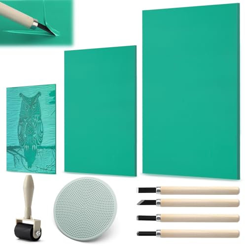 UOCAI 3 Stück Weichgummi Linoldruck Platte, A4 A5 A6 Umweltschonendem Linoleum Platte Tempel Schnitzblöcke Linolschnitt Platten Grün Linolschnitt Platten PVC Linolschnitt Set Kunsthandwerk DIY