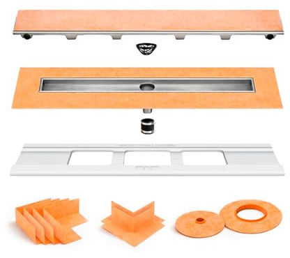 All-in-one Waterproof Linear Shower Drain Kit with 28 Inch Center Outlet Channel Body and Drain Grate Assembly in Tileable Design
