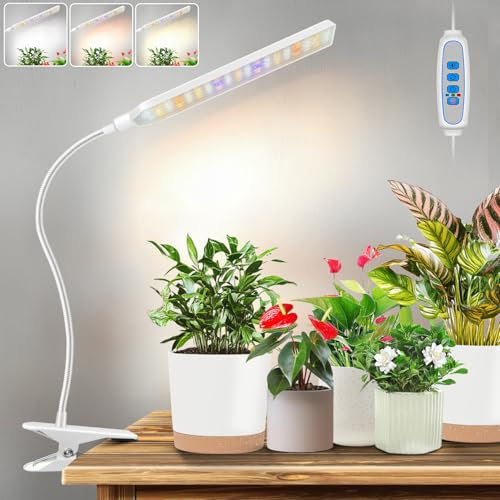 Kullinss White Grow Lights for Indoor Plants, Clip On Plant Grow Light with 6/12/16H Timer, 3 Color Modes, 5 Brightness, 57 LEDs Full Spectrum Plant Light, Grow Lamp for Bonsai, Herbs, Seedling