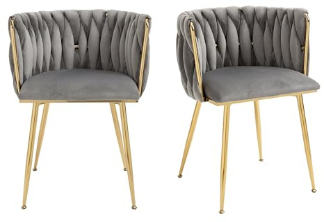 LIFEISLE Esszimerstühle Samt 2er Set, Küchenstühle mit Goldenen Beinen und Armlehne, Polsterstuhl, Sessel mit handgewebten, Schminktisch Stuhl, für Esszimmer, Küchen, Wohnzimmer, Schlafzimmer, Grau