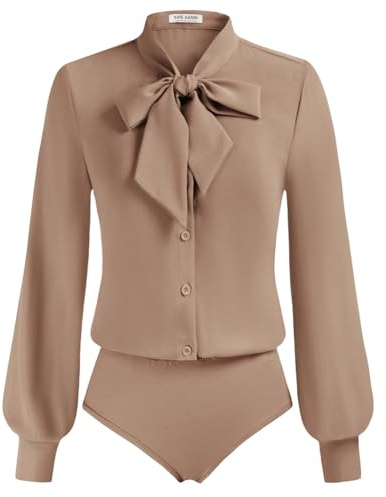 Kate Kasin Damen Lange Ärmel Tops Button-Down Shirts Business Office Bluse Kamelbraun L